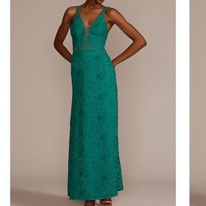 NWT Teal Lace Illusion Plunge Dress